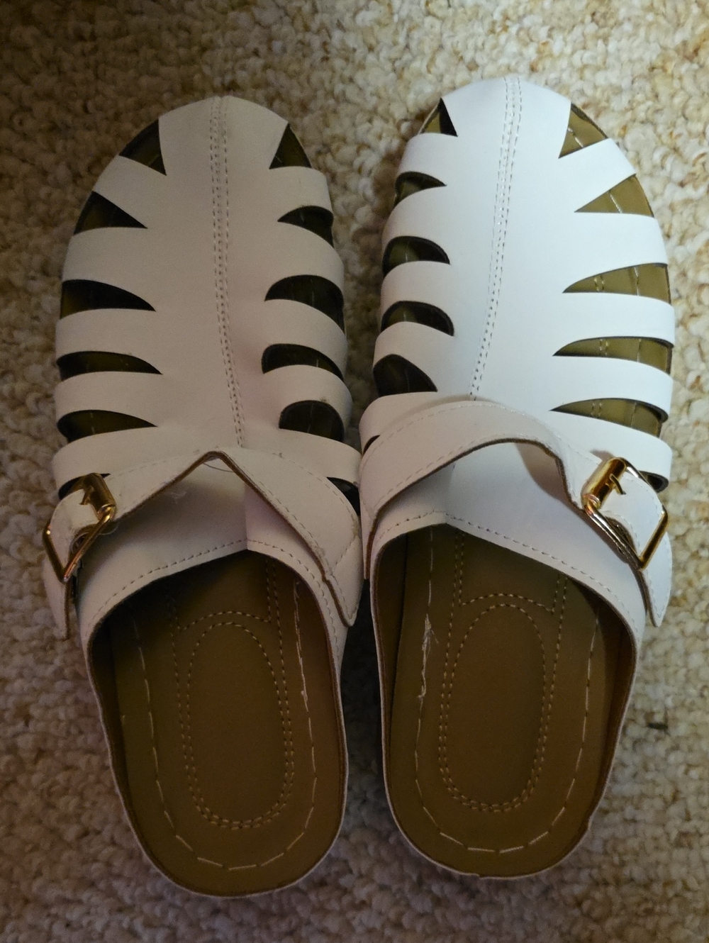 Women’s White Cutout Slip-On Sandals with Gold Buckle